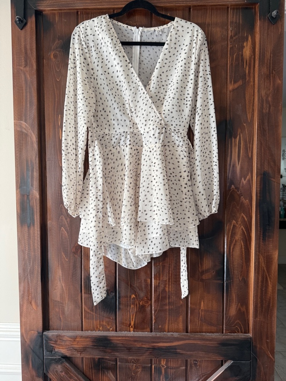 Women's Cream Wrap Romper with Black Dot Print